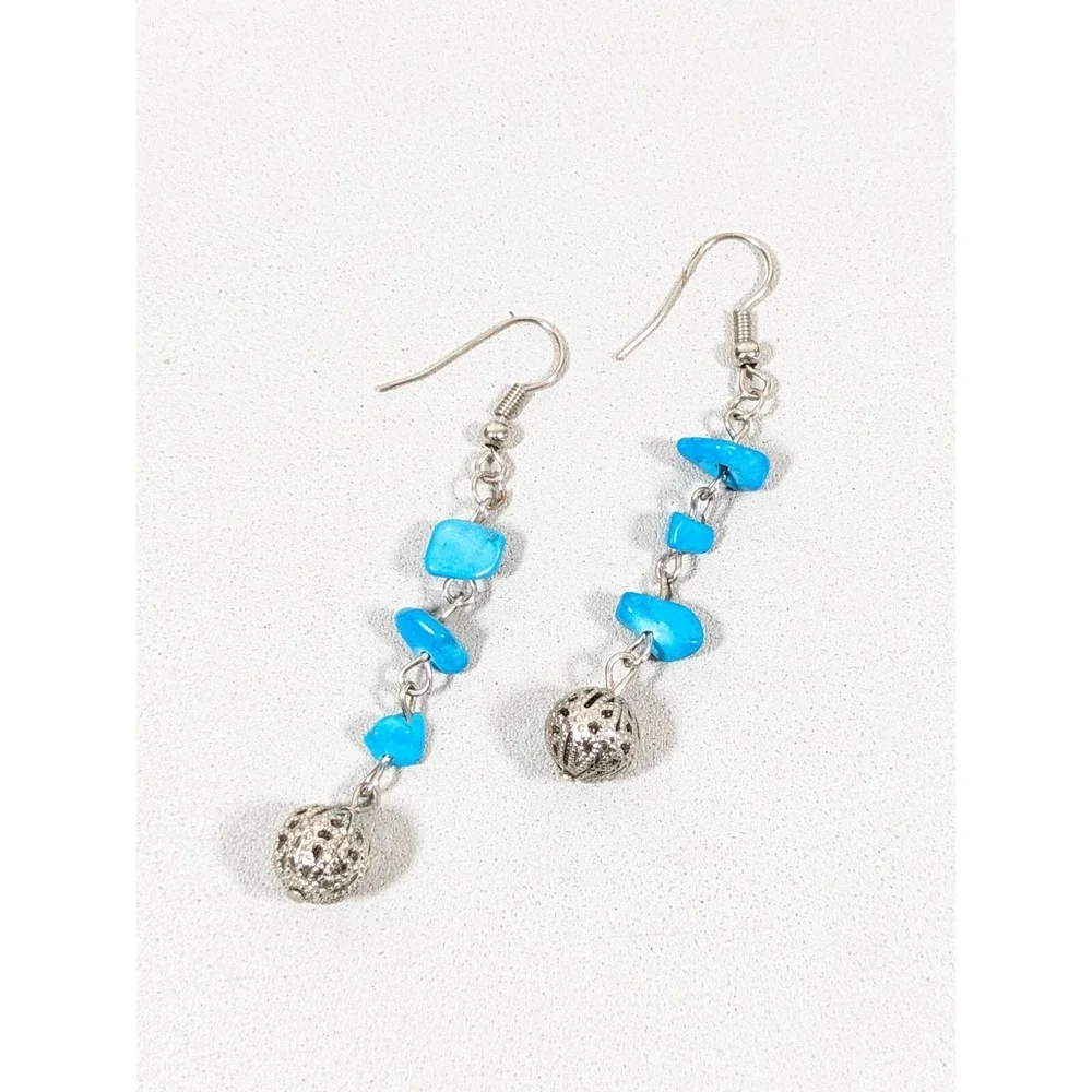 Beachy Coastal Blue Stone Chip Round Filigree‎ Ball Dangle Hook Earrings